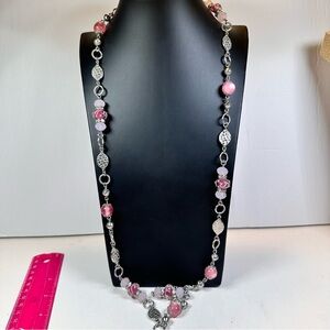 Premier Designs 18” silver tone with pink glass bead necklace